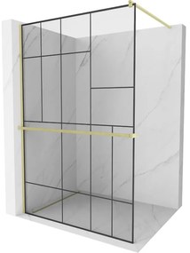 Mexen Kioto+, Walk-In zuhanyparaván polccal és akasztóval 130 x 200 cm, 8 mm átlátszó üveg fekete mintás, arany matt profil, 800-130-121-55-78
