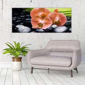 Kép - Narancssárga orchidea pálmalevelekkel (120x50 cm)