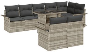9 részes Kert Kanapé Szett Párnákkal Világosszürke Poly Rattan, 2-személyes Kert Kanapé Tárolóval és Párnákkal Világosszürke Poly Rattan