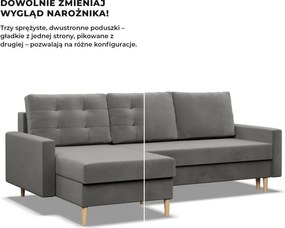 Etna sarokkanapé, 2 ágyneműtartóval, bársony, univerzális oldal, bonell töltet, világosszürke