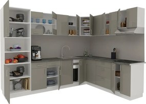 Karo V36 sarok konyhabútor 28 mm-es Thermo munkalappal, Fényes szürke / Fehér, MDF, 280 x 220 cm