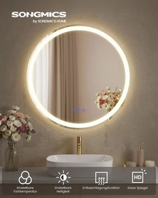 SONGMICS világító kerek fali tükör érintővezérléssel, 61 cm, felhőfehér