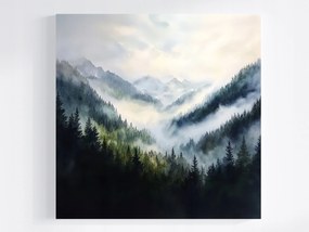 Vászonkép Canvas Tájkép Akvarell Hegyek Csúcsok Erdő Fák Köd 80x80