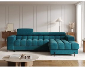 Kék buklé kinyitható-tárolóhelyes sarokkanapé (jobb oldali-heverő résszel) Felro – ELTAP