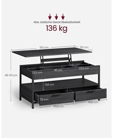 VASAGLE dohányzóasztal, magasságában állítható, 50×100 cm, antracitszürke–tintafekete