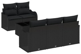 6 Darab Kerti Kanapé Szett Párnákkal Fekete Poli Rattan, 2 Személyes Kerti Kanapé Tárolóval és Párnákkal Fekete Poli Rattan