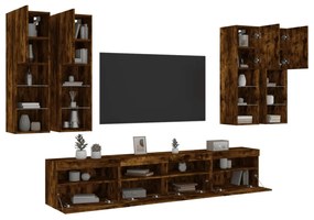 7 darabos füstös tölgy színű fali TV-szekrény szett LED-del