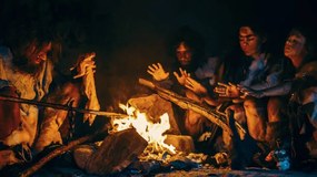 Illusztráció Neanderthal or Homo Sapiens Family Cooking, gorodenkoff