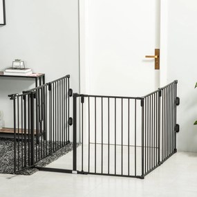 PawHut Biztonsági Barikád Kandalló Védőkorlát Háziállatok Játszókerítése Moduláris Hajtható 6 Panelem Ajtóval Fúrás Nélkül 362,5 x 76 cm Fekete | Aoso