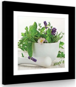 Vászonkép 40x40 Friss gyógynövények mozsár csendélet nyugodt egészséges fehér
