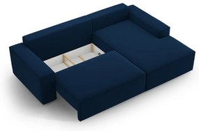 Sötétkék bársony kinyitható-tárolóhelyes sarokkanapé (jobb oldali-heverő résszel) Jodie – Micadoni