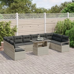 11 darabos kerti kanapé szett párnákkal, világosszürke poli rattan, 2-személyes kerti kanapé tárolóval és párnákkal, szürke poli rattan