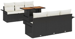 7 Darabos Kert Sofaszett Párnákkal Fekete Poli Rattan Akác