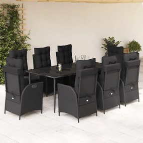 9 részes fekete polyrattan kerti étkezőgarnitúra párnákkal