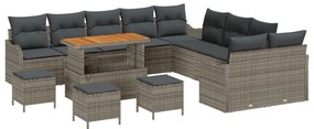 14 darabos kerti kanapészett párnákkal Szürke Poli Rattan Akác, 2 fős kerti kanapé párnákkal Szürke Poli Rattan, 4 darabos kerti étkezős szett párnákkal Szürke Poli Rattan Akác