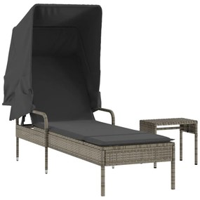 szürke polyrattan napozóágy tetővel és asztallal