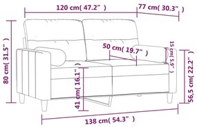 2 személyes tópszínű szövet kanapé díszpárnákkal 120 cm