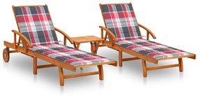 vidaXL 2 db tömör akácfa napozóágy asztallal és párnákkal