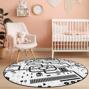 Fekete-fehér mosható gyerek játszószőnyeg ø150 cm In My Town – Mila Home