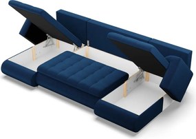 Tokio U alakú sarokkanapé, 3 ágyneműtartóval, bársony, univerzális oldal, kék