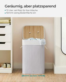 Szennyestartó fedéllel, 72 l, bambusz szennyeskosár, szürke