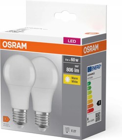 2PAK Led izzó E27 A60 8W 60W 806lm 2700K Meleg 200° Osram