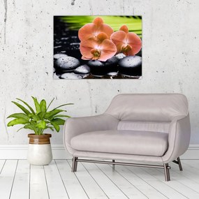 Üveg kép - Narancssárga orchidea pálmalevelekkel (70x50 cm)