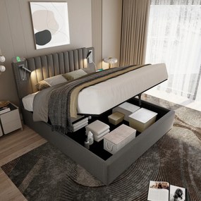 Kárpitozott ágy Usb kétszemélyes ágy 180x200cm lámpa Hidraulikus Bézs