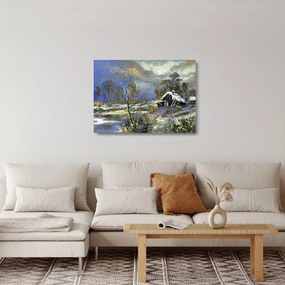 Téli tájon lévő házikó képe, olajfestmény (üvegen) (70x50 cm)