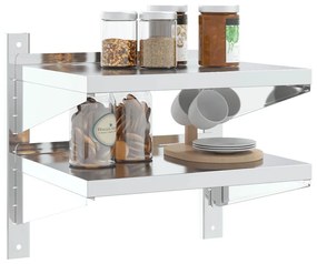 2 szintes ezüst rozsdamentes acél fali polc 50 x 40 x 48 cm