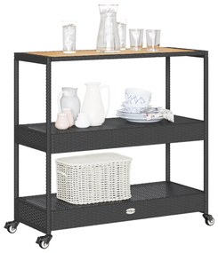 3 szintes fekete polyrattan és tömör akácfa zsúrkocsi