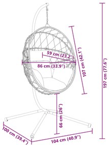 antracitszürke rattan és acél függő kagylószék állvánnyal