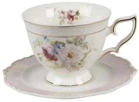 Vintage viktoriánus rózsa mintás porcelán teáscsésze aljjal arany peremmel fehér