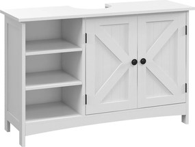 kleankin Fa Mosdó Alatti Szekrény 2 Ajtós, Álló Mosdó Szekrény Állítható Polcokkal, Modern Anticsúszós Stílus, Terhelhetőség 31 kg, 90x30x60 cm, Fehér