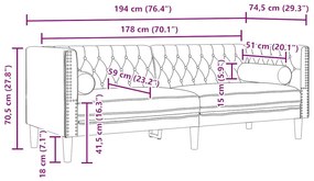 Chesterfield kanapé Világosszürke 194 x 74.5 x 70.5 cm Bársony