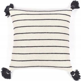 Díszpárna Fehér-fekete Csíkos Pomponokkal 45X45 CM Boho Etno