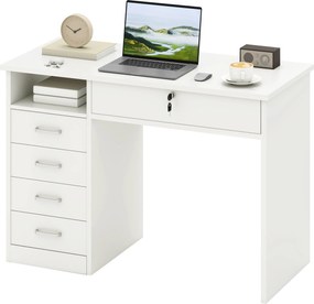 HOMCOM Iroda és Halószoba Íróasztal, PC és Számítógép Íróasztal, Fából 5 Fiókkal, Munka Felület, 2 Kulcs, Modern, 110x50x76cm, Fehér | Aosom