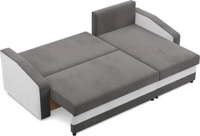 Hewlet sarokkanapé, 2 ágyneműtartóval, szövet anyag, univerzális oldal, hab töltet, szürke - fehér