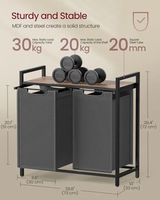 Szennyeskosár, 2 rekeszes szennyestartó, 2 × 46 l, 73 × 33 × 72 cm, tevebarna és szürke