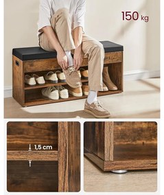 Cipőtároló pad, párnázott ülőfelülettel, 100x30x44 cm, rusztikus barna