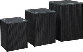 vidaXL 3 db fekete polyrattan kisasztal üveg asztallappal