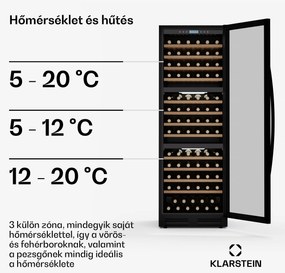 Klarstein Vinovilla Trio borhűtő, 143 palack, 3 zóna, 38 dB, 12 polc, kompresszor, 413 liter