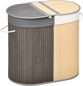 HOMCOM Bambusz Mosodakosár 100L Kapacitással, Fedéllel és Levehető Kétrekeszes Táskával 62.5x37x60.5 cm Szürke és Természetes | Aosom