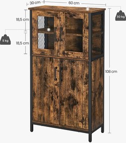 Tárolószekrény, többcélú szekrény 60 x 108 x 30 cm, rusztikus barna és fekete