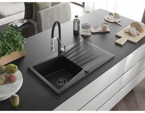 Mexen Cesar, 1 kamrás gránit mosogató 775x470x190 mm és Aster mosogató csaptelep, fekete, 6514-77-73450-07-B
