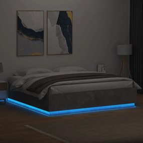 betonszürke szerelt fa ágykeret LED-világítással 200 x 200 cm