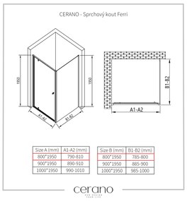 Cerano Ferri, szárnyas zuhanykabin 80 (ajtó) x 80 (fal) x 195 cm, 6mm átlátszó üveg, fekete profil, CER-CER-427471