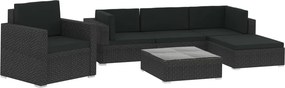 vidaXL 6-részes fekete polyrattan kerti bútorszett párnákkal