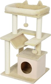 PawHut Macskafa 90 cm Kaparófával és Hintaágyas Játékfával Macskaodúval, Platformokkal, Mászófával és Aktív Kaparófával, Plüss Sisakkal, Krém | Aosom