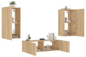 vidaXL 3 darab sonoma tölgy színű falra szerelhető TV-szekrény LED-del